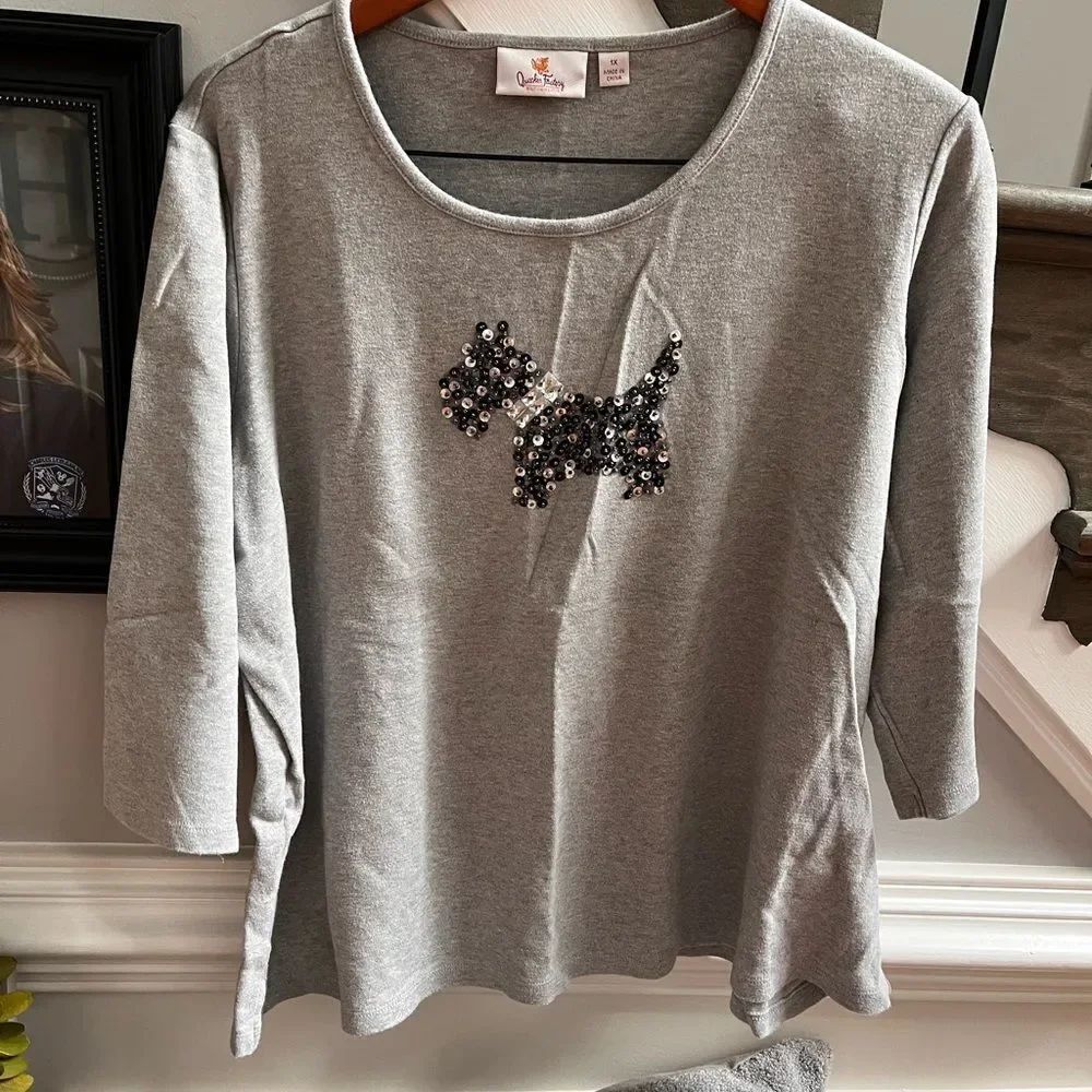Quaker Factory Gray Scottie Dog Embellished 3/4 Sleeve T-Shirt sz 1X